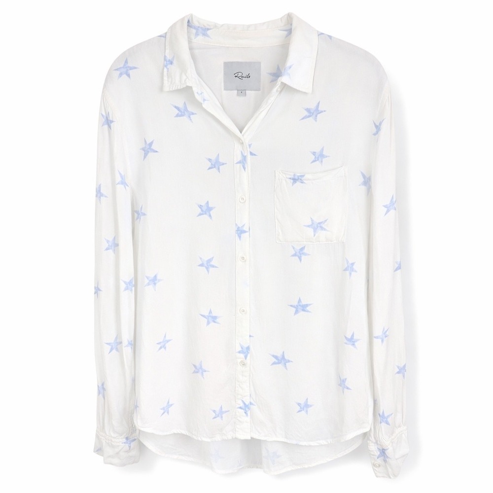 Rails Kate Star Print Button Down Shirt‎ White Blue Womens Small Long Sleeve